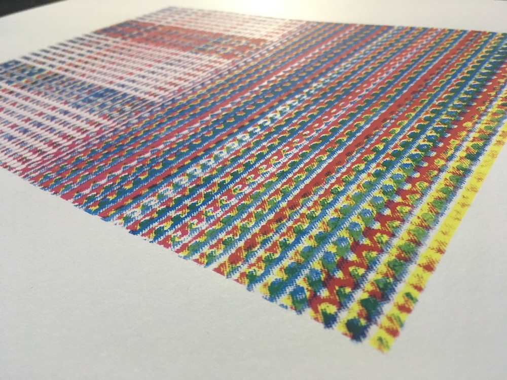 A dense grid of colorful lines and squares